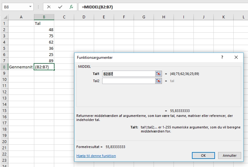 Excel MIDDEL og MIDDELV funktioner